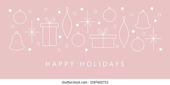 Corporate holiday cards. Happy New Year and Merry Christmas concept. Universal artistic templates. Minimalistic vector design with gift boxes, bells, snowflakes and christmas tree decorations