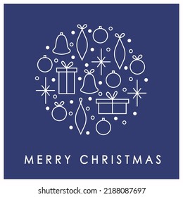 Corporate holiday cards. Happy New Year and Merry Christmas concept. Universal artistic templates. Minimalistic vector design with gift boxes, bells, snowflakes and christmas tree decorations