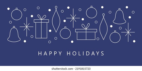 Corporate holiday cards. Happy New Year and Merry Christmas concept. Universal artistic templates. Minimalistic vector design with gift boxes, bells, snowflakes and christmas tree decorations