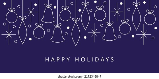 Corporate holiday cards. Happy New Year and Merry Christmas concept. Universal artistic templates. Minimalistic vector design with bells, snowflakes and christmas tree decorations