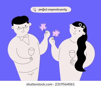 Corporate. Holiday, event, sparklers, party. People with Glasses, People with Sparks, People at the Party. Happy New Year's corporate party. Cartoon style. Flat style. Logo, icon, print templates. 
