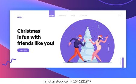 Corporate or Home Christmas Party Celebration Website Landing Page. Man and Woman Dancing Have Fun on New Year Holidays Event with Music and Fir Tree Web Page Banner. Cartoon Flat Vector Illustration