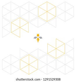 Corporate honeycomb geometric pattern and flat bee graphic in gold and grey.