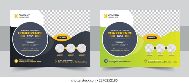 Corporate horizontal business conference flyer template, Annual corporate business workshop, meeting, training. Horizontal Conference flyer design template. Women Leadership Conference Flyer Design