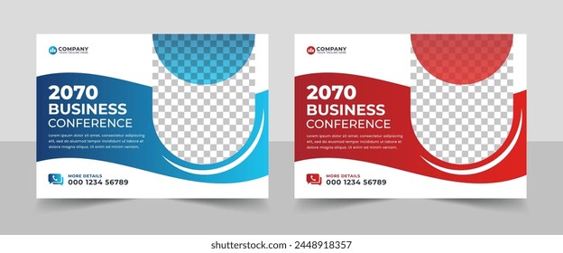 Corporate horizontal business conference flyer template. Technology conference social media banner layout, live webinar event invitation banner