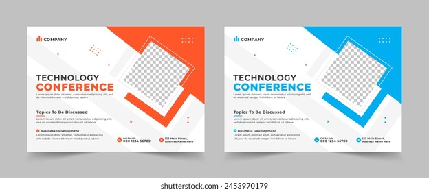 Corporate horizontal business conference flyer layout template in A4 size, Technology conference Vector design