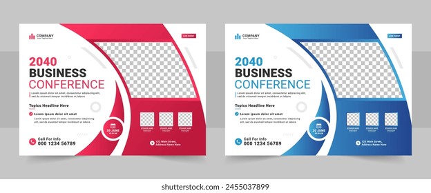 Corporate horizontal business conference flyer template, Business Conference live webinar banner invitation template design, Annual corporate business workshop, meeting, training. Corporate design