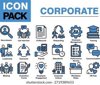 Corporativa paquete de iconos con varios símbolos de gestión empresarial y de recursos humanos