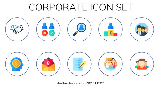 corporate icon set. 10 flat corporate icons.  Simple modern icons about  - handshake, employee, staff, letter, hiring, career promotion, group, team