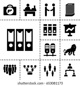 Corporate icon. set of 13 filled corporate icons such as lion, briefcase with weapon, business center building, binder, table, structure, group, shaking hands, graph on board
