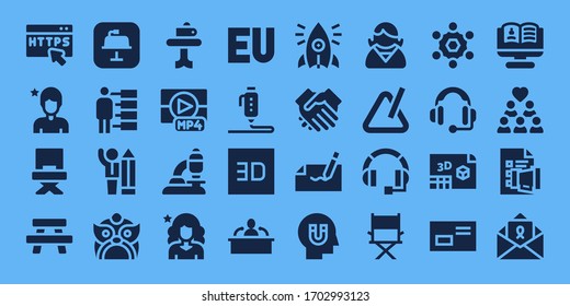corporate icon set. 32 filled corporate icons. Included Https, Influencer, Director, Table, Keynote, People, Businessman, Dragon, Mp, Microscope, Symbol, d, Interview, Initiative icons