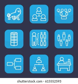 Corporate icon. set of 9 outline corporate icons such as lion, business centre, table, structure, family structure