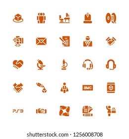 corporate icon set. Collection of 25 filled corporate icons included Businesswoman, Letter, Unity, Handshake, Ps, d, Amc, Businessman, Headset, Microscope, Hand shake, Shake, Workplace