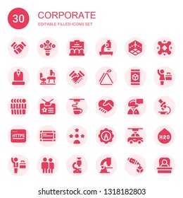 corporate icon set. Collection of 30 filled corporate icons included Handshake, d, Team, Microscope, Workplace, Triangle, Identity, Hand shake, Secretary, Https, Whiteboard, Influencer