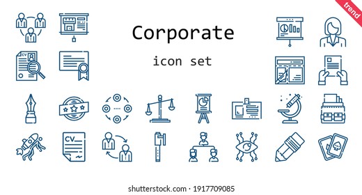 corporate icon set. line icon style. corporate related icons such as cards, law, contract, certificate, curriculum, microscope, structure, presentation, layout, id card, vision, portfolio, teamwork