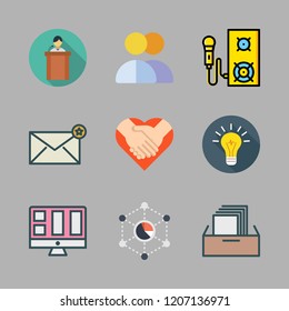 corporate icon set. vector set about filing cabinet, analytics, envelope and idea icons set.