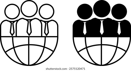 Corporate Icons. Black and White Vector Icons. People in Ties and Globe. Company Employees Meeting. Business. Office Concept