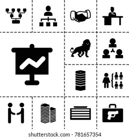 Corporate icons. set of 13 editable filled corporate icons such as lion, business centre, business center building, handshake, structure, family structure, graph on board