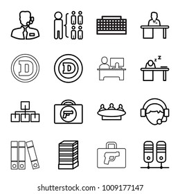 Corporate icons. set of 16 editable outline corporate icons such as briefcase with weapon, business center building, d letter, group, structure, binder, operator