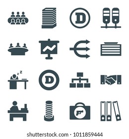 Corporate icons. set of 16 editable filled corporate icons such as briefcase with weapon, business center building, d letter, group, table, graph on board, binder, structure