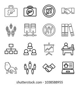 Corporate icons. set of 16 editable outline corporate icons such as briefcase with weapon, table, xy, structure, group, handshake, real estate on laptop, lion, binder