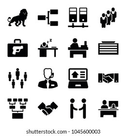 Corporate icons. set of 16 editable filled corporate icons such as lion, business center building, table, group, man sleeping on table, structure, handshake