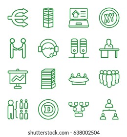 Corporate icons set. set of 16 corporate outline icons such as business centre, business center building, d letter, group, structure, operator, man working at the table
