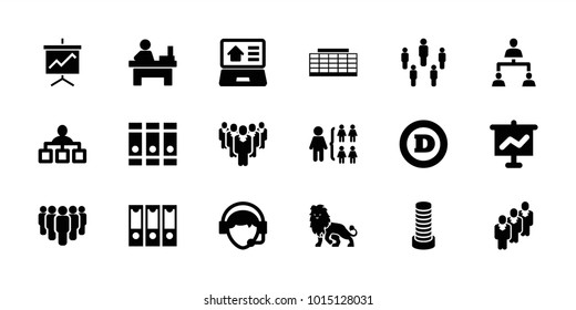 Corporate icons. set of 18 editable filled corporate icons: business center building, d letter, structure, binder, table, graph on board, group, operator