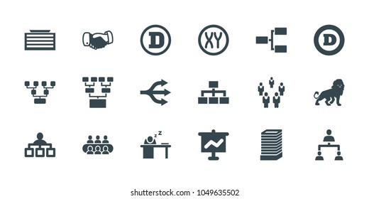 Corporate icons. set of 18 editable filled corporate icons: lion, business center building, d letter, handshake, structure, family structure, graph on board