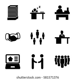 corporate icons set. Set of 9 corporate filled icons such as business center building, handshake, table, man sleeping on table, man working at the table, real estate on laptop