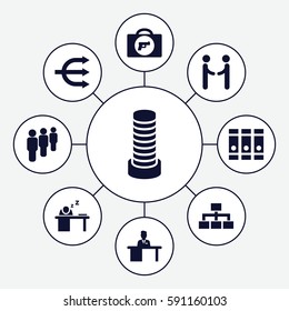 corporate icons set. Set of 9 corporate filled icons such as briefcase with weapon, business center building, binder, structure, man sleeping on table