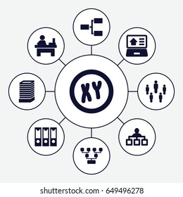 Corporate icons set. set of 9 corporate filled icons such as business center building, structure, table, real estate on laptop, group, xy, binder