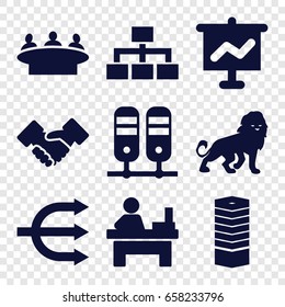 Corporate icons set. set of 9 corporate filled icons such as lion, business centre, group, table, structure, handshake, graph on board