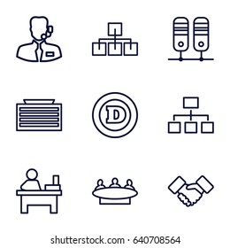 Corporate icons set. set of 9 corporate outline icons such as business center building, d letter, group, table, structure, handshake, help support