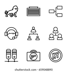 Corporate icons set. set of 9 corporate outline icons such as briefcase with weapon, lion, business center building, operator, structure, xy
