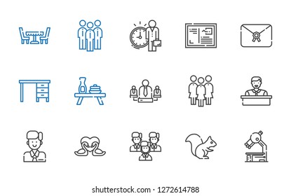 corporate icons set. Collection of corporate with microscope, squirrel, team, swans, employee, group, table, letter. Editable and scalable corporate icons.