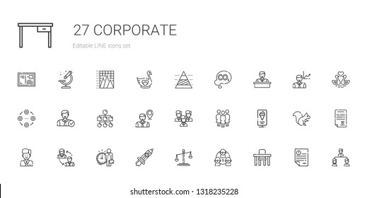 corporate icons set. Collection of corporate with table, team, law, rising, employee, employees, standee, group, sitemap, structure, co. Editable and scalable corporate icons.