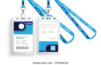 corporate id card with lanyard set isolated vector illustration. Blank plastic access card, name tag holder with pin ribbon, corporate card key, personal security badge, press event pass template.