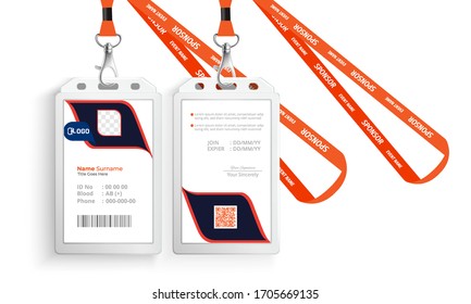 corporate id card with lanyard set isolated vector illustration. Blank plastic access card, name tag holder with pin ribbon, corporate card key, personal security badge, press event pass template.
