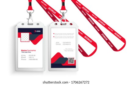 corporate id card with lanyard set isolated vector illustration. Blank plastic access card, name tag holder with pin ribbon, corporate card key, personal security badge, press event pass template.