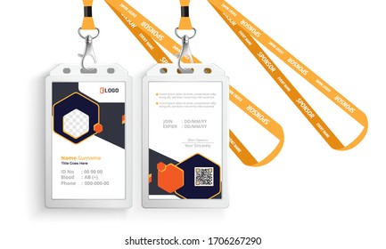 corporate id card with lanyard set isolated vector illustration. Blank plastic access card, name tag holder with pin ribbon, corporate card key, personal security badge, press event pass template.