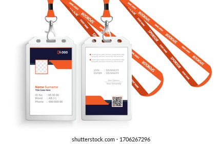 corporate id card with lanyard set isolated vector illustration. Blank plastic access card, name tag holder with pin ribbon, corporate card key, personal security badge, press event pass template.