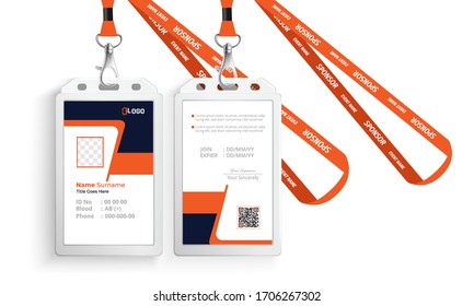 corporate id card with lanyard set isolated vector illustration. Blank plastic access card, name tag holder with pin ribbon, corporate card key, personal security badge, press event pass template.