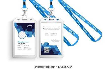 corporate id card with lanyard set isolated vector illustration. Blank plastic access card, name tag holder with pin ribbon, corporate card key, personal security badge, press event pass template.