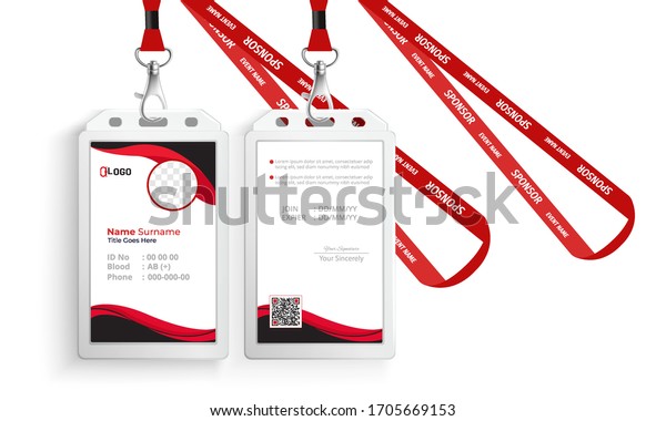 corporate id card with lanyard set isolated\
vector illustration. Blank plastic access card, name tag holder\
with pin ribbon, corporate card key, personal security badge, press\
event pass template.