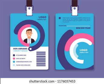 Corporate id card. Professional employee identity badge with man avatar. Vector design template. Id card identity, corporate business template badge pass illustration
