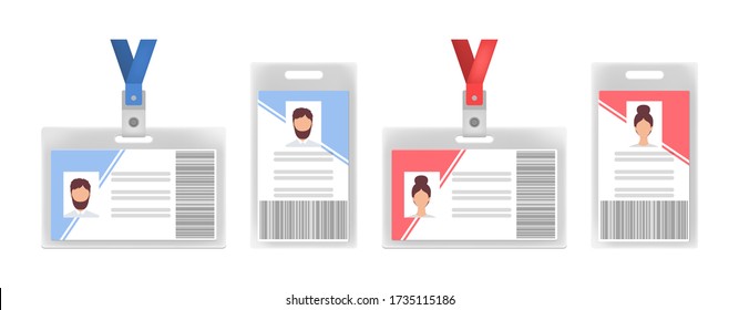 Juego de iconos plano de tarjetas de identificación corporativa. La insignia de nombre de empleado y el paso del personal con la colección de ilustraciones vectoriales aisladas de fotos. Concepto de identificación y organización