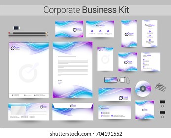 Corporate Identity with abstract flowing waves. Business branding stationery kit as Letter Head, Web Banner or Header, CD, USB Flash Drive and Envelope etc.