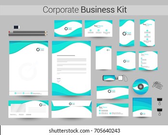 Corporate Identity with abstract waves. Business Kit including Letter Head, Business Card, Web Banner or Header, Notepad, CD, USB Flash Drive and Envelope,