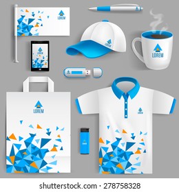 Corporate identity ad objects in blue abstract geometric design isolated vector illustration